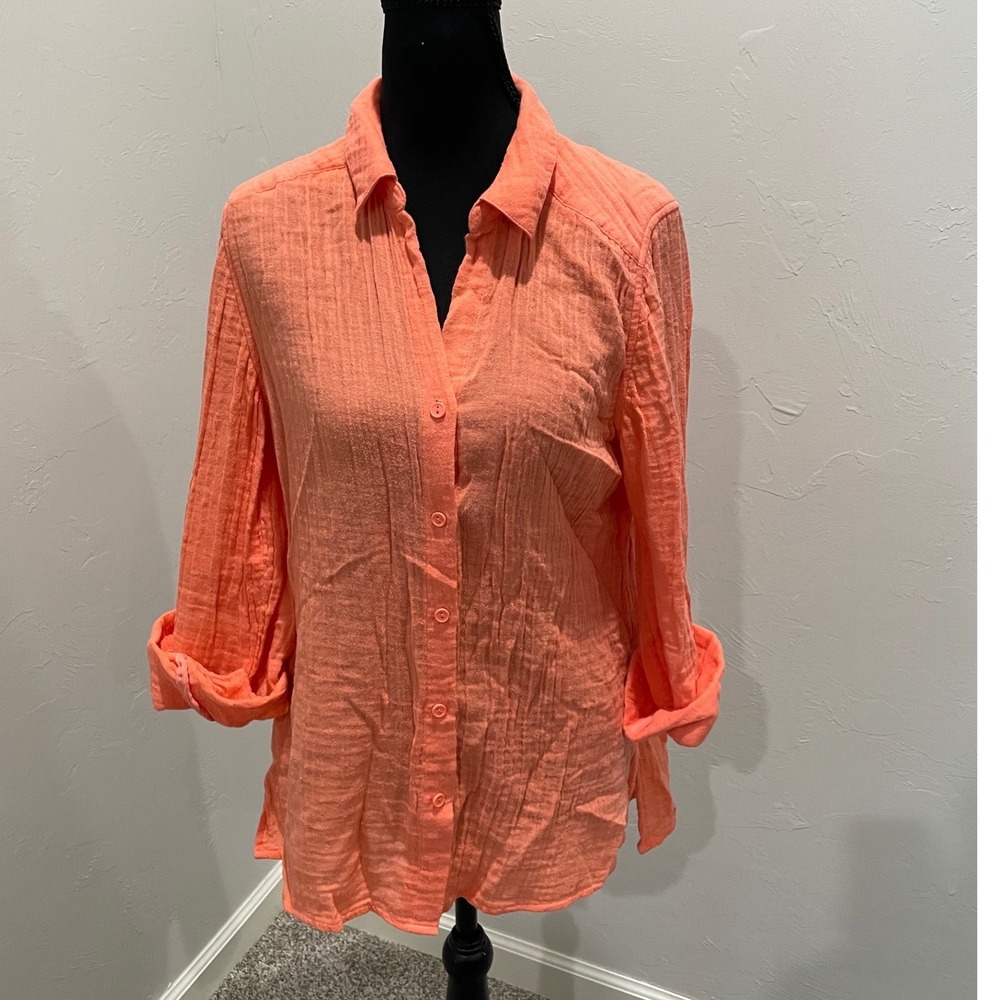 Chicos Coral Orange Cotton Double Gauze Roll Tab Sleeve Button Down Shirt Size 0